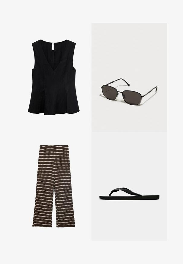 Black sleeveless top featuring a V-neckline, flared design, and a smooth texture. The fabric appears soft with subtle draping.; Wide-leg pants in dark brown with contrasting cream zigzag stripes. Made of textured fabric, featuring a comfortable mid-rise waist.; Black rubber flip-flop sandal with a textured thong strap and simple flat sole, shown from side on a plain light background.; Black metal sunglasses with oval frames, dark lenses, slim temples, and a subtle logo on the left lens. Elegant, minimalistic design.