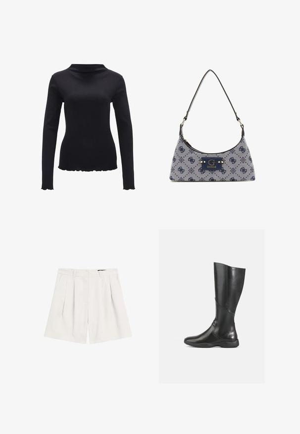 Top nero a maniche lunghe realizzato in un tessuto liscio, con un design a collo alto e un orlo smerlato. Nessun motivo visibile o dettagli metallici.; Shorts plissettati color beige chiaro realizzati in tessuto testurizzato. Presentano una vita con passanti per cintura e una chiusura con zip.; Stivale in pelle nera al ginocchio con finitura liscia, punta rotonda e suola morbida. Presenta una silhouette moderna e accenti di cuciture minime.; Borsa a tracolla in stile hobo in tessuto blu navy con un motivo a diamante, dotata di una placca con logo e di una tracolla liscia. Superficie texturizzata.