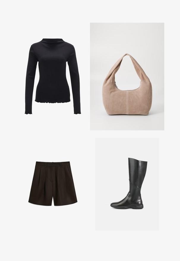 Top nero a maniche lunghe realizzato in un tessuto liscio, con un design a collo alto e un orlo smerlato. Nessun motivo visibile o dettagli metallici.; Massimo Dutti PLEATED BERMUDA - Shorts - dark brown; Stivale in pelle nera al ginocchio con finitura liscia, punta rotonda e suola morbida. Presenta una silhouette moderna e accenti di cuciture minime.; Borse hobo realizzata in morbido materiale scamosciato di colore beige chiaro. Caratterizzata da una forma arrotondata con una tracolla ampia e chiusura con zip.