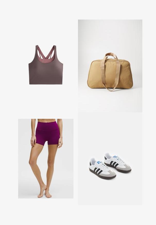 Top bra in una tonalità mauve, con un design a racerback e spalline incrociate. Realizzato in un tessuto morbido e elasticizzato. Forma minimalista e finitura senza cuciture.; Pantaloni sportivi viola a vita alta, realizzati in tessuto elasticizzato, con una texture liscia e un design aderente, che arrivano a metà coscia.; Scarpe sportive con tomaia in pelle bianca, punta in suede grigia e tre strisce nere. Presentano un logo blu sulla linguetta e una suola in gomma testurizzata.; Borsa duffel tan con due manici in tessuto, texture liscia, chiusura con zip, forma ovale e un logo in rilievo discreto su un lato.