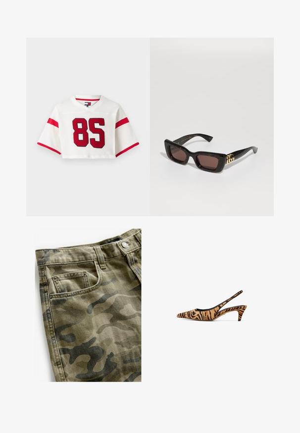 Maillot de football blanc découpé en tissu en maille. Présente des rayures rouges sur les manches et un grand numéro rouge '85' à l'avant.; Next Short en jean - camo print; Chaussure slingback à bout pointu en tissu imprimé tigre orange et noir, avec un talon mince et un design ouvert à l'arrière pour plus de respiration.; Lunettes de soleil en écaille de tortue noire avec des verres rectangulaires, teinte marron, épais cadre et détail de logo double-G doré sur la branche.; Sac à main en cuir noir avec un design incurvé, double anses, quincaillerie dorée et une bandoulière en chaîne. Arbore le logo "Lancaster Paris."; Bagues en résine claire et ambre, l'une lisse et transparente, l'autre avec une finition texturée en ambre. Les deux présentent des designs arrondis et épais.