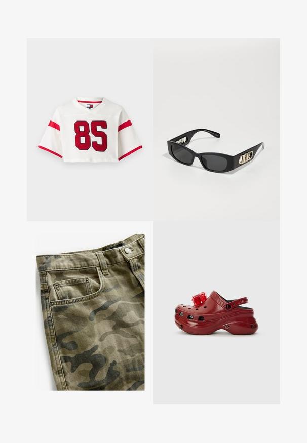 Maglia da football bianca ritagliata in tessuto a rete. Presenta strisce rosse sulle maniche e un grande numero '85' rosso sul davanti.; Next Shorts di jeans - camo print; Zoccolo di plastica rossa con fori di ventilazione, tacco rialzato e un accento floreale sulla parte superiore. Presenta una fascia posteriore e lati texturizzati.; Occhiali da sole neri rettangolari con lenti scure, caratterizzati da un accento del logo dorato sui lati e montatura in plastica liscia.; Borsa a mano in pelle nera con design curvo, manici doppi, accessori in oro e tracolla a catena. Presenta il logo "Lancaster Paris."