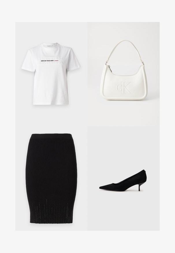 T-shirt en coton blanc avec le texte en relief "DÉSOLÉ MAIS JE NE REGRETTE PAS" en noir et rouge, manches courtes et col rond.; Jupe noire en maille côtelée avec une taille lisse et des détails texturés décoratifs au niveau de l'ourlet. Présente une silhouette ajustée.; Chaussure à talon haut en suede noir avec un bout pointu et un talon fin et bas. Texture lisse avec un design épuré, sans matériel visible.; Sac à main en cuir blanc avec une forme courbée, arborant un logo "CK" embossé à l'avant et une seule bandoulière. Fermeture à glissière en haut.