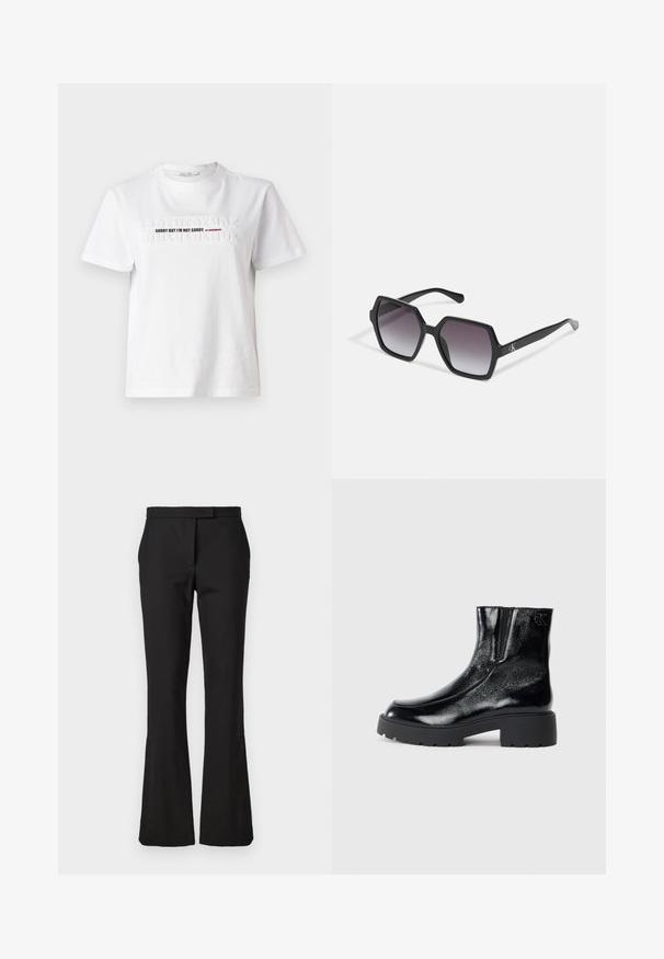 T-shirt en coton blanc avec le texte en relief "DÉSOLÉ MAIS JE NE REGRETTE PAS" en noir et rouge, manches courtes et col rond.; Pantalons évasés noirs en tissu tissé. Présentent un devant plat avec une taille et une texture lisse. Pas de matériel ou de motifs visibles.; Bottines noires avec une finition en cuir verni brillant, semelle en caoutchouc noir épaisse et talon surélevé ; inclut un détail de logo subtil sur le côté.; Lunettes de soleil hexagonales noires avec des verres dégradés, dotées d'une finition brillante et d'un marquage subtil sur la branche. Construction en plastique durable.