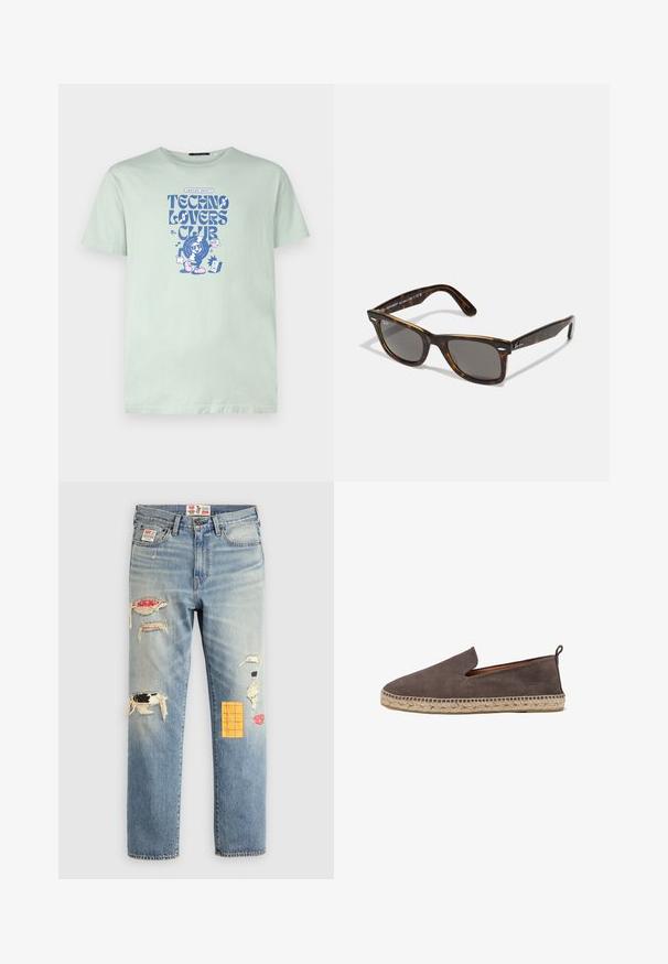 Kaotiko TECHNO LOVERS CLUB UNISEX - T-shirts print - green; Lysblå denimjeans med en afslappet pasform, prydet med slidte lapper i forskellige farver og mønstre, herunder orange og røde accenter.; Brune ruskind espadrille slip-on sko med sål af jute reb. Har et minimalistisk design og en lav skæring foran.; Skildpaddebrune solbriller med grå linser og en firkantet stel, der har metalliske detaljer på stængerne og logoet inden for designet.