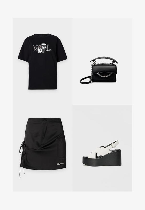 Črna bombažna majica s grafikonom dveh risanih figur v sončnih očalih, ob spremljavi besedila "KARL" v poglobljenih črkah.; Črno satenasto mini krilo z zapiranjem na gumbe, stranskim trakom in žepom z obližem z napisom "KARL LAGERFELD JEANS".; Bele platform sandale z belo podlago, ki imajo črno dno, s prečnimi trakovi in nastavljivim zaponko za gleženj. Gladka tekstura, moderna oblika.; Črna usnjena torbica s strukturirano zasnovo, poudarki iz verige in ročaji ter teksturirana površina. Ima pokrov z vidno blagovno znamko.
