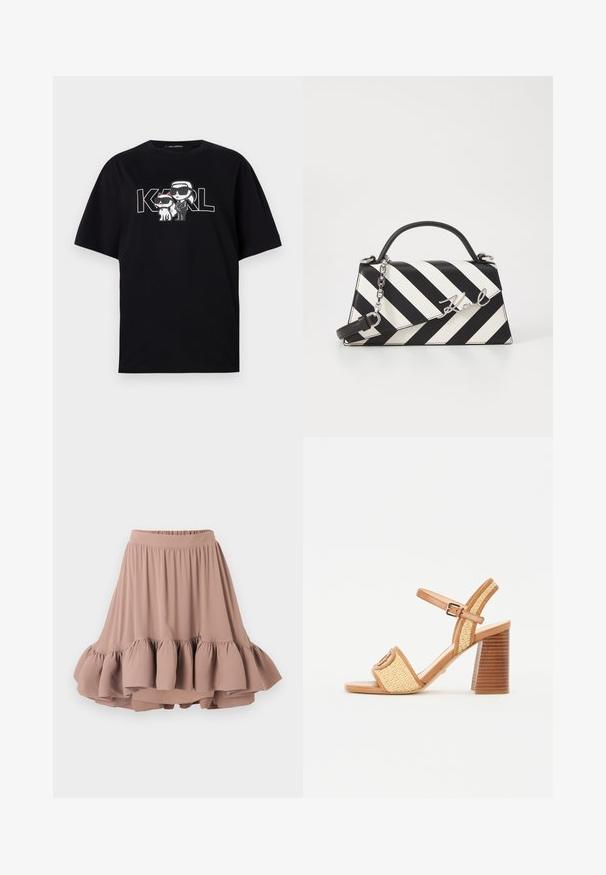 T-shirt in cotone nero con stampa grafica di due personaggi dei cartoni animati con occhiali da sole, accompagnata dalla scritta "KARL" in lettere bold.; Gonna color marrone chiaro al ginocchio, realizzata in un tessuto morbido, con una vita larga e un orlo a strati con balze svasate. Tessuto liscio in tutto.; Sandali con tacco in pelle marrone e paglia intrecciata, con cinturino alla caviglia, punta aperta e tacco spesso simile al legno con strisce orizzontali.; Borsa a righe bianche e nere con una forma strutturata, dotata di manico superiore, tracolla a catena staccabile e dettaglio logo metallico.