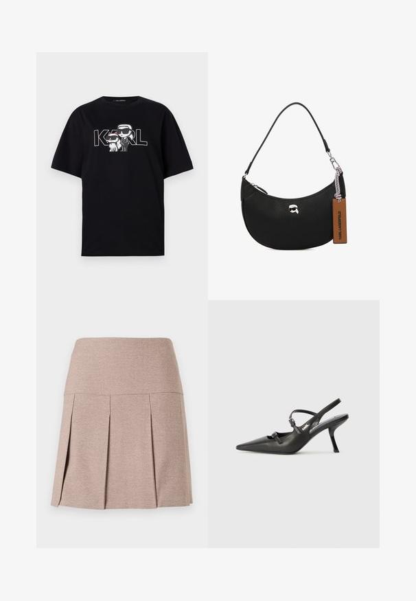 Zwart katoen t-shirt met een grafische print van twee cartoonfiguren met zonnebrillen, vergezeld van de tekst "KARL" in vette letters.; Plissérok van een zachte beige stof met een gladde tailleband, voorzien van een gestructureerd, lichtgewicht materiaal en een rechte zoom.; Zwarte leren slingback hakken met een spitse neus, slanke hak en decoratieve gespdetails op de bovenkant. Gladde textuur en een strakke uitstraling.; Zwarte leren handtas met een steentjesstructuur, gebogen vorm, bovenste ritsluiting, zilverkleurige hardware en een bruine label. Bevat een logo-accent.