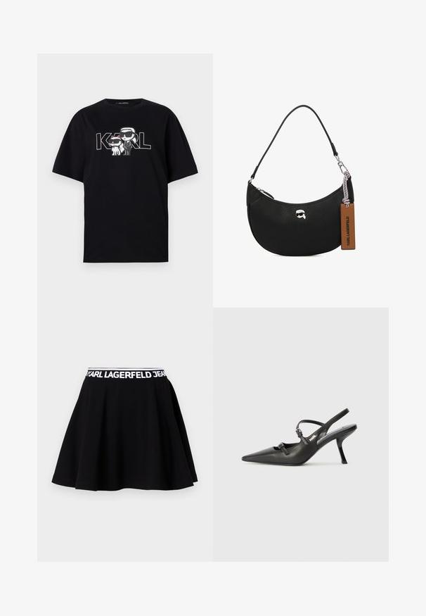 Μαύρο βαμβακερό μπλουζάκι με γραφική εκτύπωση δύο καρτούν φιγούρων με γυαλιά ηλίου, συνοδευόμενο από το κείμενο "KARL" με έντονα γράμματα.; Μαύρη φούστα με φαρδιά σχεδίαση, κατασκευασμένη από βαμβάκι. Διαθέτει λευκή ελαστική μέση με το λογότυπο "KARL LAGERFELD JEANS".; Μαύρες δερμάτινες γόβες slingback με μυτερή μύτη, λεπτό τακούνι και διακοσμητική αγκράφα στο επάνω μέρος. Λείος υφής και κομψός σχεδιασμός.; Μαύρη δερμάτινη τσάντα χειρός με υφή βότσαλου, καμπυλωτό σχήμα, κλείσιμο με φερμουάρ στην κορυφή, ασημένια μεταλλικά μέρη και καφέ ετικέτα. Έχει χαρακτηριστικό λογότυπο.