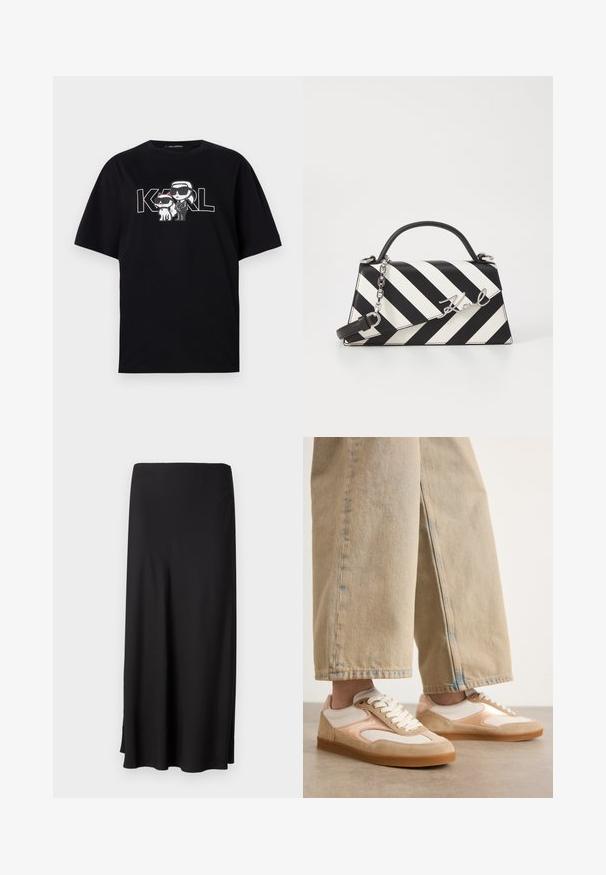 Tricou negru din bumbac, cu un imprimeu grafic ce înfățișează două personaje de desene animate cu ochelari de soare, însoțit de textul "KARL" scris cu litere îndrăznețe.; Fustă lungă, neagră, dintr-un material neted, cu un croi drept și slituri laterale pentru libertate de mișcare. Design simplu, fără modele sau accente.; Adidași băiț de culoare crem cu un design din suede și plasă, cu închidere tip șireturi și tălpi din cauciuc, asortați cu jeansi largi băiți de culoare crem.; Geantă cu dungi alb-negru, cu o formă structurată, având un mâner superior, o curea din lanț detașabilă și un accent metalic cu logo.