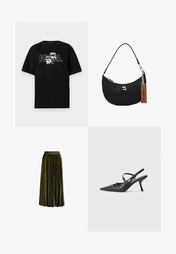 T-shirt en coton noir avec un imprimé graphique de deux personnages de bande dessinée portant des lunettes de soleil, accompagné du texte "KARL" en lettres majuscules.; Jupe plissée midi en vert olive avec taille élastique, ornée d'un logo "JOOP!" subtil, en tissu satiné, présentant une silhouette fluide.; Talons slingback en cuir noir avec un bout pointu, un talon fin et un détail de boucle décorative sur le vamp. Texture lisse et design épuré.; Sac à main en cuir noir avec une texture grainée, forme arrondie, fermeture à glissière sur le dessus, quincaillerie en argent et une étiquette marron. Présente un accent de logo.