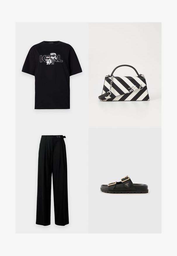 Zwart katoen t-shirt met een grafische print van twee cartoonfiguren met zonnebrillen, vergezeld van de tekst "KARL" in vette letters.; Zwarte wijde broek met hoge taille, plooien aan de voorkant en een riem met een gesp. Gemaakt van glad, lichtgewicht stof.; Zwarte schuifslippers met twee verstelbare banden, goudkleurige gesp, textuur van rubber bovenkant en een dikke gestructureerde zool. Logo aan de zijkant weergegeven.; Zwart-wit gestreepte handtas met een gestructureerde vorm, voorzien van een bovenhandvat, een afneembare kettingriem en een metalen logo-accent.