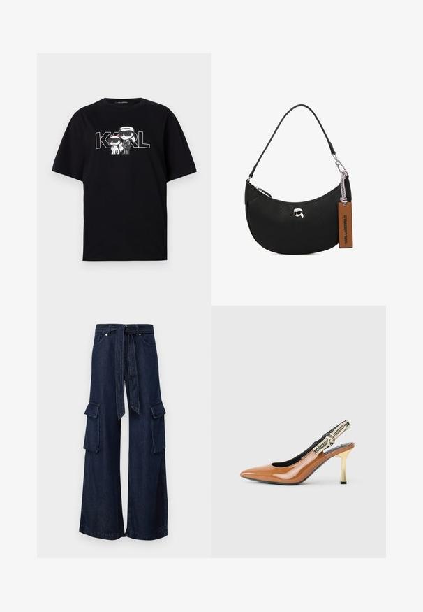 Czarna bawełniana koszulka z graficznym nadrukiem przedstawiającym dwie postacie z kreskówek w okularach przeciwsłonecznych, z napisem "KARL" w pogrubionych literach.; Spodnie cargo o szerokich nogawkach w ciemnym dżinsie z paskiem w talii, z dwiema kieszeniami bocznymi oraz dwiema kieszeniami z klapką na nogawkach. Jednolity kolor, gładka tekstura.; Brązowe lakierowane czółenka na słupku, szpiczasty nosek, cienki złoty obcas, czarne wnętrze, materiałowy pasek z logo z tyłu.; Czarna skórzana torba o fakturze powierzchniziwczyni, o zaokrąglonym kształcie, zamykana na zamek błyskawiczny na górze, z metalowymi elementami w kolorze srebrnym i brązową metką. Posiada akcent logo.