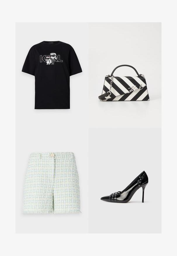 Černé bavlněné tričko s grafickým potiskem dvou karikatur s brýlemi, doplněné textem "KARL" tučnými písmeny.; Tweedové kraťasy ve světle modré a bledě žluté barvě s texturovaným mřížkovým vzorem. Obsahují zapínání na předním knoflíku a mají upravený střih.; Černý lakovaný kožený střevíček na vysokém podpatku se špičatou špičkou, třemi dekorativními pásky se hroty a značkou "Karl Lagerfeld" na podpatku.; Černo-bílá pruhovaná kabelka se strukturovaným tvarem, vybavená horní rukojetí, odnímatelným řetízkem a kovovým logem.