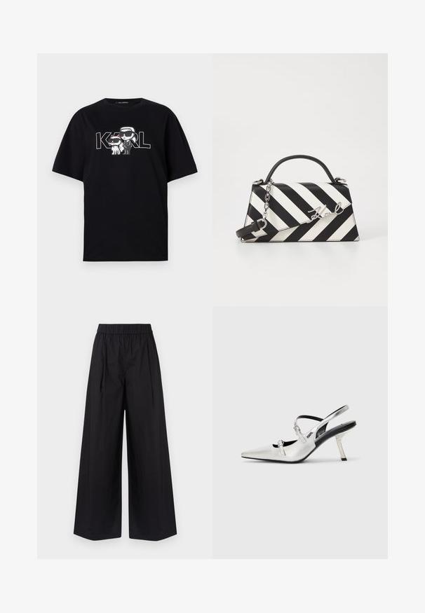 Čierne bavlnené tričko s grafickou potlačou dvoch kreslených postavičiek v slnečných okuliaroch, doplnené textom "KARL" v tučných písmenách.; Čierne nohavice s širokými nohavicami vyrobené z hladkého materiálu, s elastickým pásom a bez viditeľných vreciek alebo kovových detailov.; Strieborné slingback opätky s špicatou špičkou, ktorý majú hladký metalický povrch, štíhly opatok a dekoratívne remienky.; Čierno-bielo pruhovaná kabelka so štruktúrovaným tvarom, obsahujúca hornú rúčku, odnímateľný reťazový popruh a kovový logo akcent.