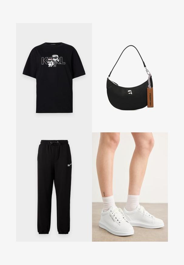 Μαύρο βαμβακερό μπλουζάκι με γραφική εκτύπωση δύο καρτούν φιγούρων με γυαλιά ηλίου, συνοδευόμενο από το κείμενο "KARL" με έντονα γράμματα.; Μαύρες φόρμες με ελαστική μέση, κορδόνι, πλευρικές τσέπες και ελαστικά μανίκια. Διαθέτουν διακριτό λευκό λογότυπο στην αριστερή πλευρά.; Λευκά δερμάτινα sneakers με λεία υφή, στρογγυλή μύτη και επίπεδη ελαστική σόλα. Είναι ορατές οι κορδόνες και τα καλτσάκια είναι λευκά.; Μαύρη δερμάτινη τσάντα χειρός με υφή βότσαλου, καμπυλωτό σχήμα, κλείσιμο με φερμουάρ στην κορυφή, ασημένια μεταλλικά μέρη και καφέ ετικέτα. Έχει χαρακτηριστικό λογότυπο.