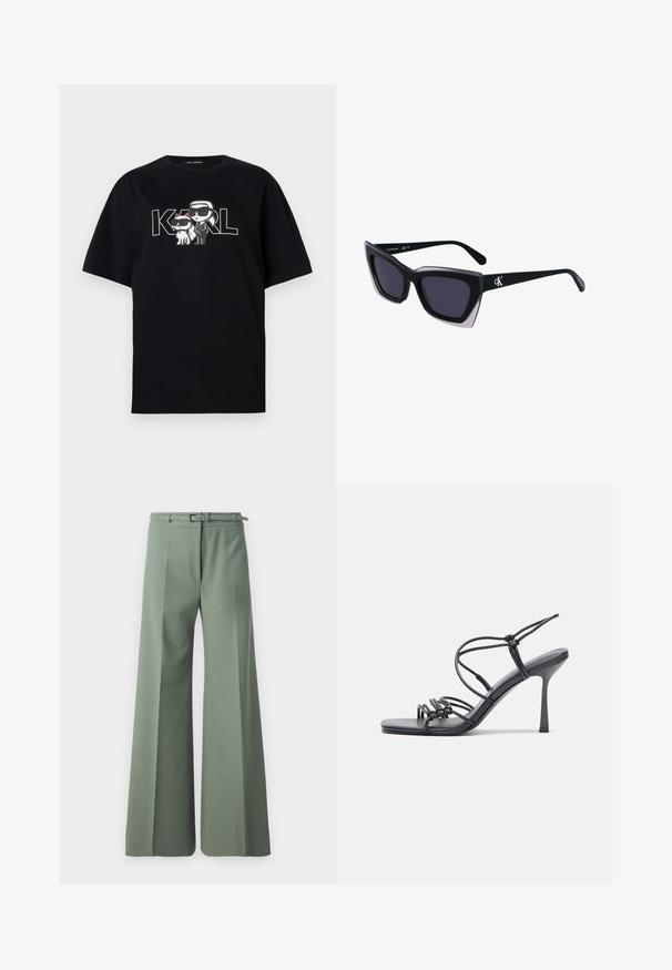 Crni pamučni majica s grafičkim printom dviju karikatura s naočalama, uz tekst "KARL" ispisan velikim slovima.; Hlače širokih nogavica u umirujućoj zelenoj tkanini, s ravnim prednjim dijelom, petljama za remen s odgovarajućim remenom i oštrim pregibima.; Crne sandale na visokoj potpetici imaju tanke trake s čvorastim dizajnom, glatki kvadratni vrh i elegantnu stiletto petu.; Crne oversize sunčane naočale geometrijskog oblika, s tamnim staklima i kontrastnom sivom dekoracijom na okviru. Logo na dršci.