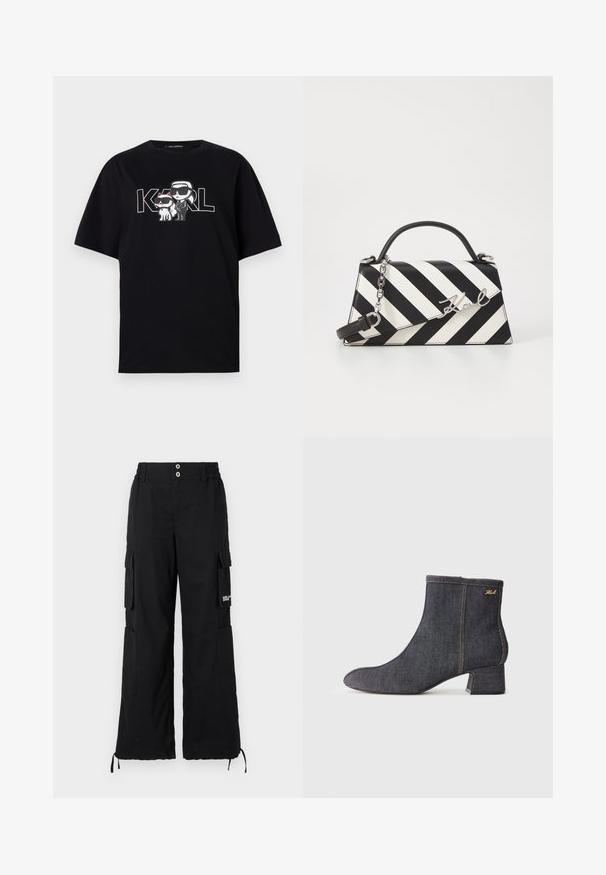 Must musta t-särk, millel on graafiline trükk kahest karikatuurikujudest prillidega, koos tekstiga "KARL" paksude tähtedega.; Mustad kabuuri püksid, millel on mugav lõige, mitme küljetaskuga, elastne vöökoht ja reguleeritavad paelad allääres.; Tume teksasist sääreking, millel on terav nina, plokk-kand, nähtav õmblus ja peene brändi logo küljel. Ühtlane tekstuur.; Mustriga musta ja valgega käekott, millel on struktureeritud kuju, pehme käepide, eemaldatav ahelriba ja metallist logo aktsent.