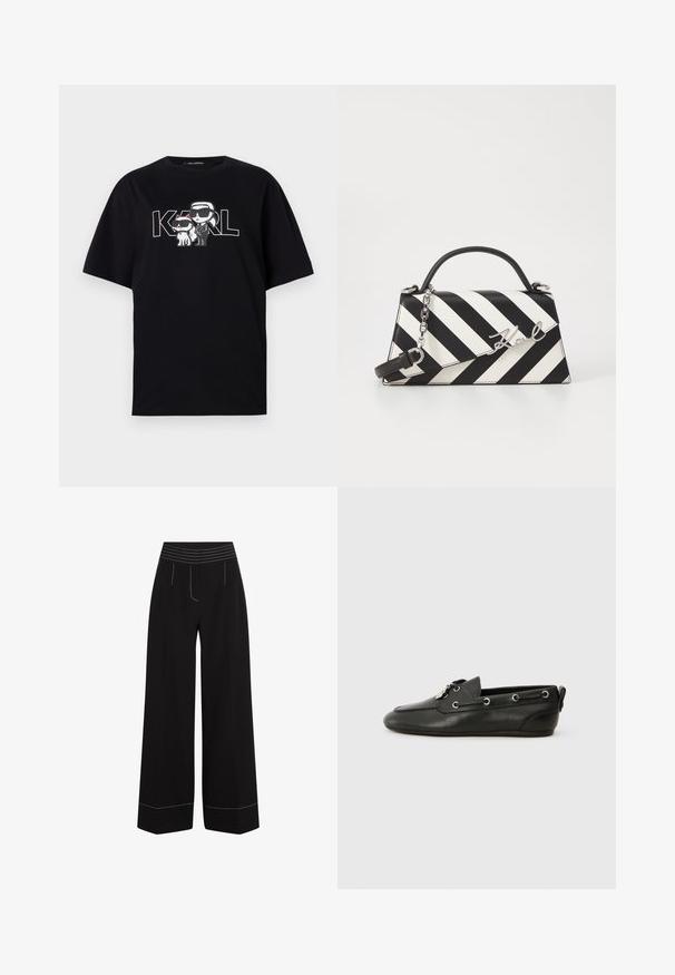 Juodas medvilnės marškinėliai su grafiniu spausdinimu, vaizduojančiu du šmaikščius veikėjus akinių nuo saulės, lydimus teksto "KARL" storomis raidėmis.; Juodi plačiai išlieti kelnių su tekstūriniu, elastingu juosmeniu. Apatiniai kraštai ir kišenės turi baltus siūlus. Lygus audinio paviršius.; Juoda oda laivų avalynė su apvaliu pirštu, raištelių priekiniu užsegimu, metalinėmis skylutėmis ir plokščiu padu. Yra nedidelis užvalkalas gale.; Juoda ir balta dryžuota rankinė su struktūrizuota forma, turinti viršutinę rankeną, nuimamą grandinėlės dirželį ir metalinį logotipo akcentą.