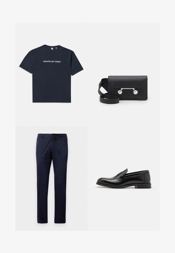 Granatowa koszulka z krótkim rękawem z białym napisem "neanche per sogno" umieszczonym na środku klatki piersiowej, okrągły dekolt, rozmiar średni.; Granatowe spodnie proste z paskiem, z zapięciem na guzik z przodu i bocznymi kieszeniami, wyeksponowane na białym tle.; Czarne skórzane mokasyny o gładkiej fakturze, zaokrąglonym nosku i dekoracyjnym pasku na przodzie. Niski, warstwowy obcas, minimalistyczny design.; Czarna skórzana torba na ramię z klapką, z metalowymi elementami w srebrnym kolorze i dwoma okrągłymi akcentami. Posiada odczepiany pasek. Gładka faktura.