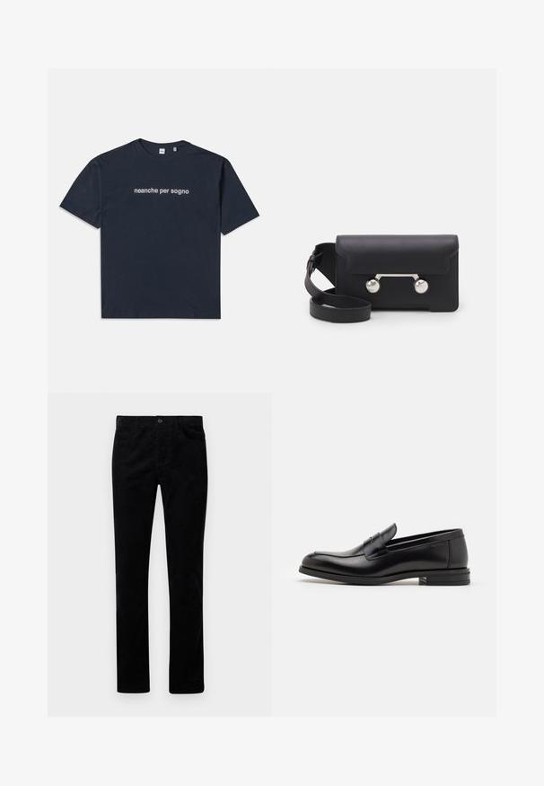 Tricou de culoare albastru închis cu mânecă scurtă, cu text alb "neanche per sogno" centrat pe piept, guler rotund, dimensiune medie.; Pantaloni negri din catifea cu un design drept, dotati cu buzunare frontale si inchidere cu buton metalic. Textura moale cu nervuri verticale.; Mocasini din piele neagră cu o textură netedă, vârf rotund și o curea decorativă peste partea superioară. Toc mic, design minimalist.; Geantă din piele neagră, tip crossbody, cu închidere prin clapetă, accesorii din metal de culoare argintie și două accente rotunde. Dispune de o curea detașabilă. Textură netedă.