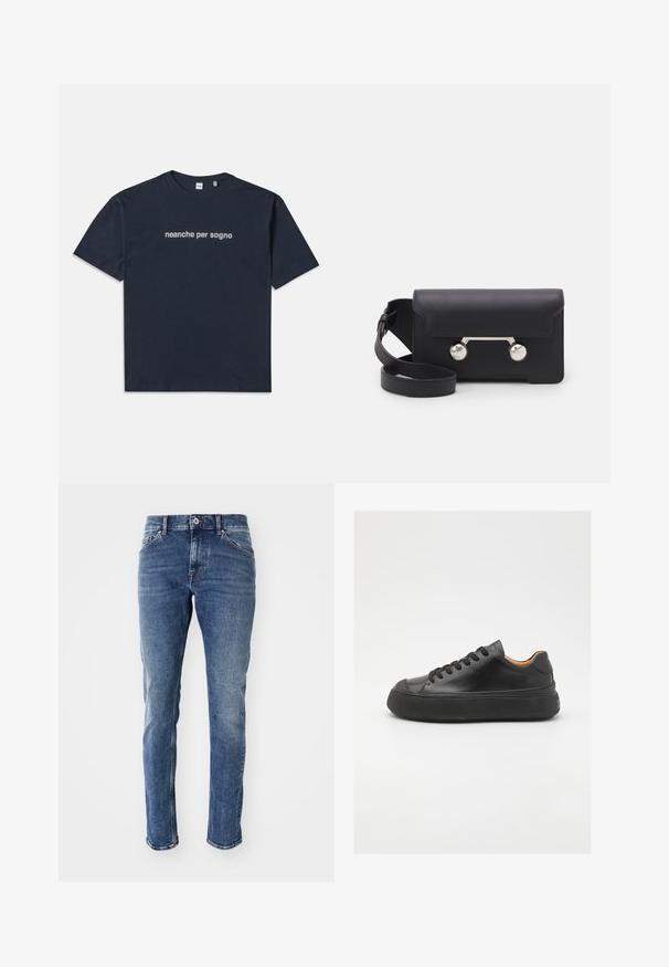 T-paita tummansinisestä kankaasta, lyhyet hihat, valkoinen teksti "neanche per sogno" keskellä rintaa, pyöreä kaula-aukko, keskikoko.; Tummansiniset farkut suoran leikkauksen kanssa, haalistuneet yksityiskohtineen, viiden taskun suunnittelulla ja hopeisilla varusteilla vyötäröllä.; Mustat nahkasneakerit, joissa on pyöreä kärki, nauhakiinnitys edessä, sileä pinta, paksu kumipohja ja kontrastoiva vaaleanruskea sisustus.; Mustan nahkainen olkalaukku, jossa on läppäkiinnitys, hopeanväriset yksityiskohdat ja kaksi pyöreää koristetta. Varustettu irrotettavalla hihnalla. Sileä pinta.