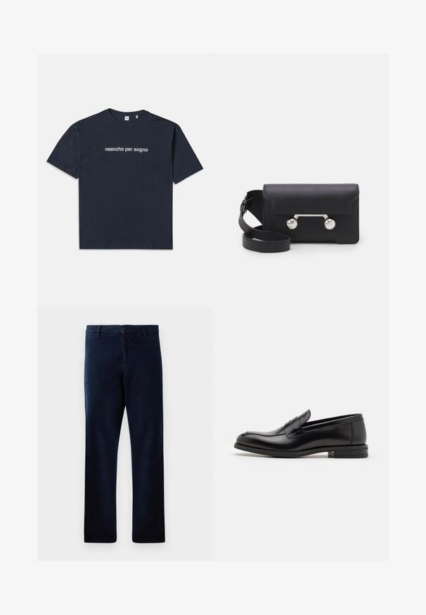 Tumši zilas krāsas īsās piedurknes T-krekls ar baltu tekstu "neanche per sogno", kas centrēts uz krūtīm, apaļa kakla izgriezums, vidēja izmēra.; Jūras zila bikses, izgatavotas no mīksta, teksturēta auduma, ar pogu aizdari un taisnu griezumu, ar smalkiem šuvju akcentiem.; Melnas ādas kurpes ar gludu tekstūru, noapaļu purngalu un dekoratīvu siksniņu pāri priekšpusei. Zems sakrauts papēdis, minimālisma dizains.; Melna ādas crossbody soma ar atloku aizdari, sudraba toņu aparatūru un divām apaļām detaļām. Iespējams noņemt siksnu. Gluda tekstūra.