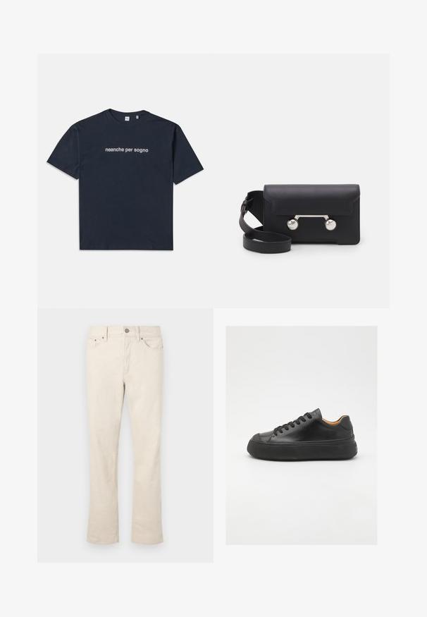 Navy blue short-sleeve T-shirt with white text "neanche per sogno" centered on the chest, crew neck, medium size.; Beige, cotton blend jeans with a straight leg design. Features a front button and zipper closure, five pockets, and subtle stitching details.; Black leather sneaker with a round toe, lace-up front, smooth texture, thick rubber sole, and contrasting tan interior.; Black leather crossbody bag with a flap closure, silver-tone hardware, and two round accents. Features a detachable strap. Smooth texture.