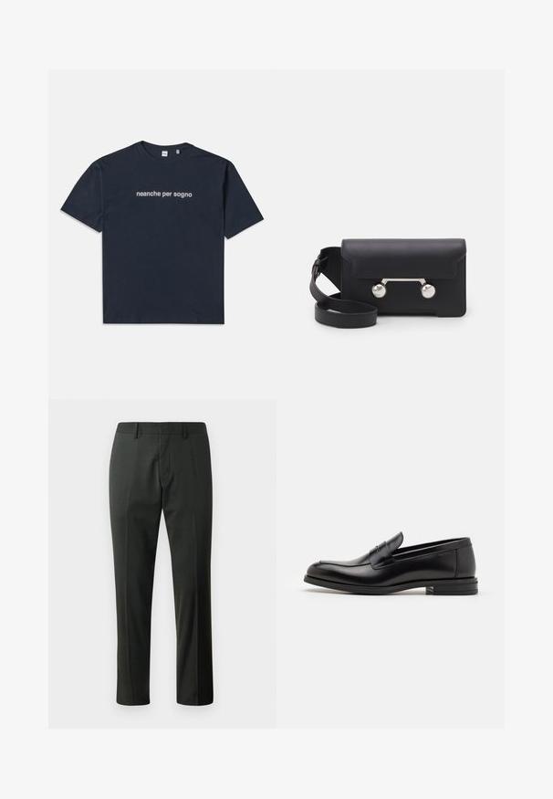 Navy blue short-sleeve T-shirt with white text "neanche per sogno" centered on the chest, crew neck, medium size.; Trousers in dark gray fabric, featuring straight legs, a flat front, and belt loops. Smooth texture with subtle weave pattern.; Black leather loafers with a smooth texture, rounded toe, and a decorative strap across the vamp. Low stacked heel, minimalist design.; Black leather crossbody bag with a flap closure, silver-tone hardware, and two round accents. Features a detachable strap. Smooth texture.