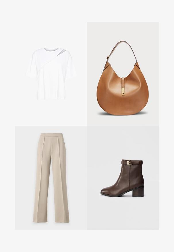 Valge lühikeste harkidega t-särk, mis on valmistatud pehmest puuvillast. Omab asymmeetrilist disaini, millel on diagonaalne kattekiht ees.; Beežid laiad püksid sileda tekstuuriga. Omavad ees plekke, kõrget vööd ja kohandatud disaini. Ei ole taskuid ega nähtavat riistvara.; Pruunist nahast pahkluu saapad, millel on ümara ninaga, madal plokk-kink ja dekoratiivne pandla rihm pahkluu ümber. Sile tekstuur ja stiilne disain.; Kohvane nahast käekott, millel on kaarjas kuju ja lai õlavööt. Koti keskosas on kuldne metallne detail ning pind on sile.