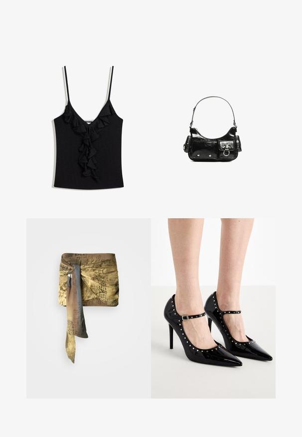 Čierny tielko s hlbokým výstrihom do V a vertikálnym volánikovým detailom na prednej strane. Vyrobené z jemnej látky s tenkými nastaviteľnými ramienkami.; Hedvábny šál s abstraktnou mapou v odtieňoch hnedých a zlatých, previazaný na jednej strane. Textúra vyzerá hladko s plynulým dizajnom.; Čierne lakované lodičky s špičatými prstami, členkovými popruhmi a kovovými cvokmi okolo okrajov. Úzke ihlové podpätky.; Čierna laková kožená kabelka s ohnutým tvarom, jedným ramenným popruhom, prednými vreckami a striebornými kovovými doplnkami.