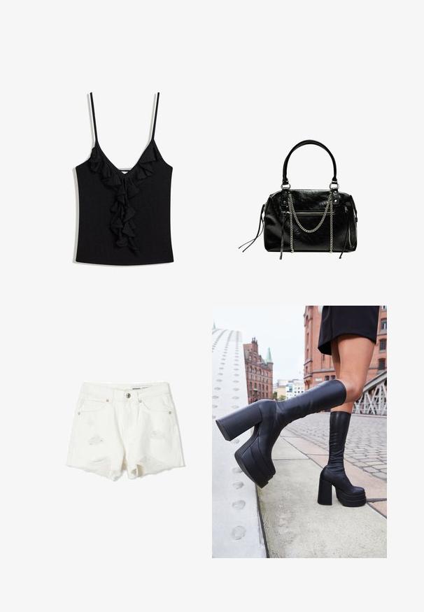 Black tank top featuring a deep V-neck and vertical ruffle detailing down the front. Made of soft fabric with thin adjustable straps.; White denim shorts with frayed hem, distressed details on front, five pockets, and metal button closure.; Black knee-high platform boots made of smooth leather, featuring thick square heels and a sleek design, set against a city backdrop.; Bershka WITH CHAIN - Handbag - black