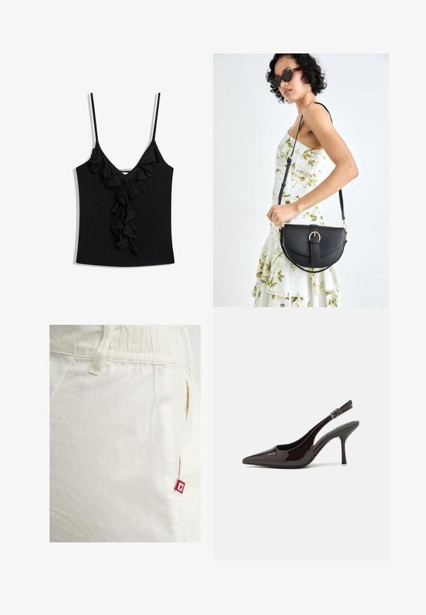 Fekete ujjatlan felső mély V-kivágással és függőleges frill részletekkel az elején. Puha anyagból készült, vékony állítható pántokkal.; Tejfehér szövött nadrág, elasztikus derékkal és oldalzsebbel, a jobb zsebben egy kis piros logó címkével, ami csillagot ábrázol.; Fényes sötétbarna lakkbőr magas sarkú slingback cipő, hegyes orral, nyitott oldalakkal és állítható bokapánttal.; Fekete bőrtáska ívelt formával, levehető pánttal és arany színű fémrészekkel. A táskán egy csattal díszített fedél található.