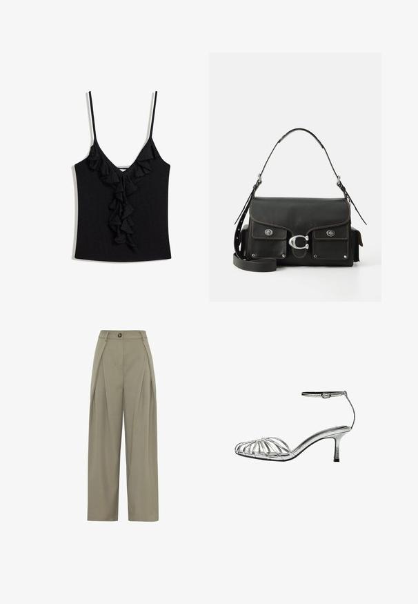 Sort tanktop med dyb V-udskæring og lodret flæse-detaljering ned ad fronten. Lavet af blødt stof med tynde justerbare stropper.; Moves LAURO - Bukser - fossil; Sølv sandaler med stropper og lav hæl, der har flere krydsede stropper, en ankelrem med spænde og en glat, blank overflade.; Sort læderhåndtaske med klaplukning, sølvhardware, to frontlommer, kontrasterende syninger og en aftagelig skulderrem.