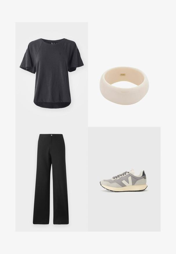 Črna majica iz mehkega blaga, z okroglim izrezom, kratkimi raglan rokavi in ukrivljenim robom. Majhna blagovna znamka na prsih.; Črne široke hlače iz mehkega materiala, z zapiranjem na gumb spredaj, čistimi linijami in minimalističnim dizajnom brez vzorcev.; Sivi športni čevlji z mrežnim in semiš materialom, z kremasto podplatom, sivimi vezalkami in izstopajočim 'V' logotipom na strani.; Svetleči bež zapestnica iz gladkega smole. Okrogla oblika z enotno površino in majhnim zlatim logotipom na notranji strani.