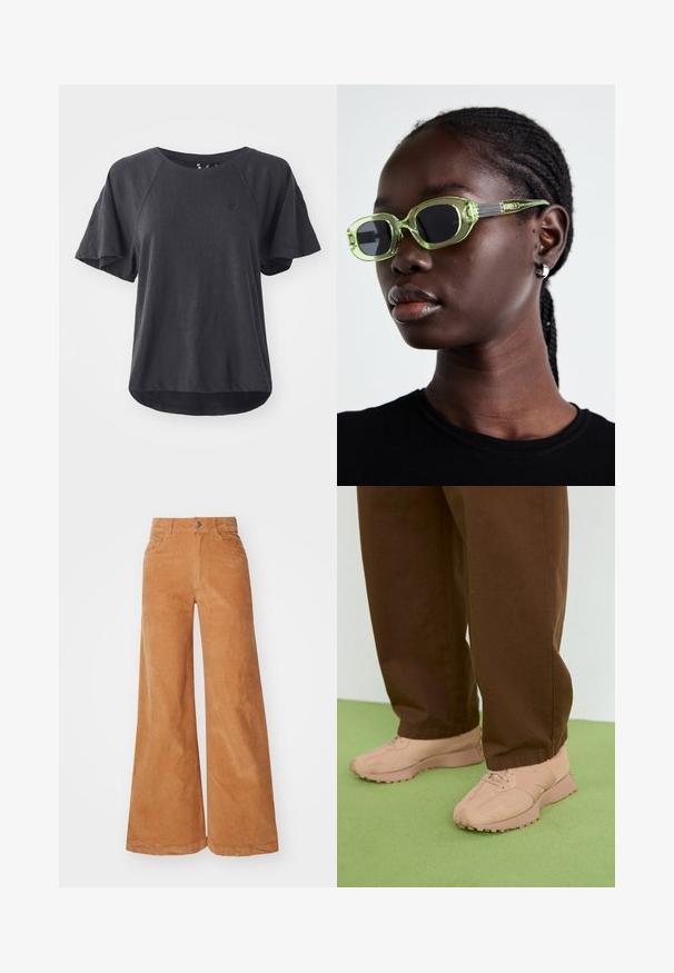 Schwarzes T-Shirt aus weichem Stoff, mit rundem Ausschnitt, kurzen Raglanärmeln und einem abgerundeten Saum. Kleines Logo auf der Brust.; Baumwollcord-Hose mit weitem Bein in einem warmen Braunton, mit hoher Taille, Knopfverschluss und zwei vorderen Taschen. Glatte Textur und sichtbare Nahtdetails.; Helle rosa Sneakers mit strukturiertem Wildleder- und Mesh-Obermaterial, runder Zehenpartie, Schnürdesign und robusten Gummisohlen. Kombiniert mit braunen Baggy-Hosen.; Grüne Sonnenbrille mit schlankem, rechteckigem Rahmen und dunklen Gläsern; strukturiert graue Bügel mit Branding. Glatte Haut und ein schwarzes Shirt.