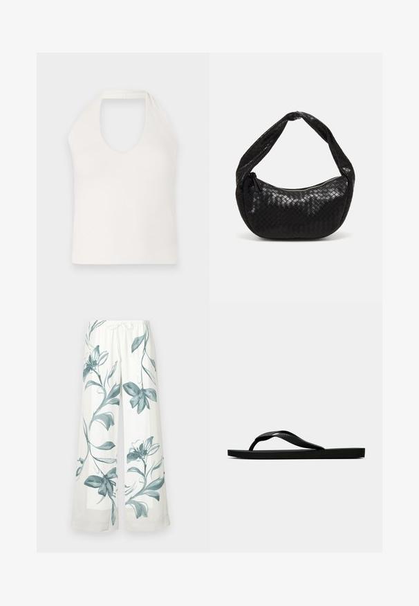Weißes ärmelloses Oberteil mit hohem Kragen und tiefem V-Ausschnitt, das eine glatte Textur und ein schlichtes, tailliertes Design präsentiert.; Hochtaillierte, weit geschnittene Hosen aus weißem Stoff mit blauen Blumenmustern. Elastischer Bund mit Kordelzug, glatte Textur, lässiges Design.; Schwarze Gummi-Flip-Flop-Sandale mit einem strukturierten Riemen und einfacher flacher Sohle, von der Seite auf einem schlichten hellen Hintergrund dargestellt.; Schwarze geflochtene Ledertasche mit einer geschwungenen Form, ausgestattet mit einem dicken Griff und einem Reißverschlussverschluss. Texturierte Oberfläche mit glänzender Optik.