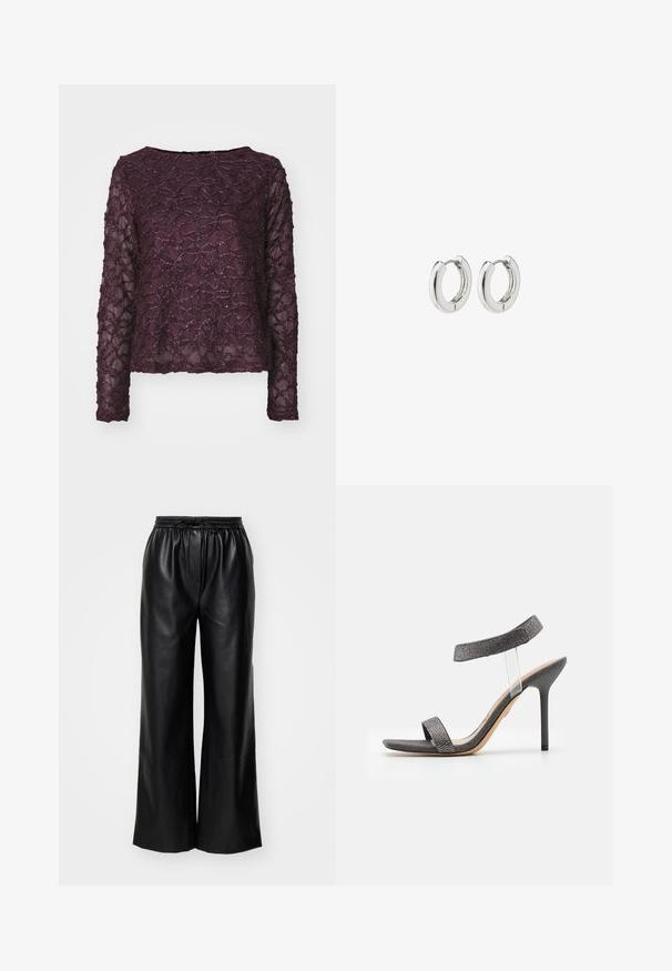 Long-sleeve sheer top in deep purple, featuring a textured pattern with shimmering accents. Straight hem and wide neckline.; Black leather wide-leg pants with an elastic waistband and adjustable drawstring; smooth texture with a clean, minimalist design.; Black heeled sandal with a transparent strap, textured upper, and slim stiletto heel. Features a wide front band and shimmery accents.; Silver hoop earrings with a polished finish, featuring a circular design and seamless hinges, displaying a smooth texture.