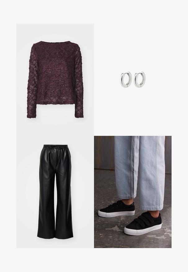 Maglietta a maniche lunghe in voile di un profondo viola, caratterizzata da un motivo texturizzato con accenti scintillanti. Orlo dritto e scollatura ampia.; Pantaloni wide-leg in pelle nera con vita elastica e cordoncino regolabile; texture liscia con un design pulito e minimalista.; Sneakers in corduroy neri con tre cinturini in velcro e una parte superiore testurizzata. Suola in gomma bianca a profilo basso. Indossati con pantaloni a tre quarti azzurri chiari.; Orecchini a cerchio in argento con una finitura lucida, caratterizzati da un design circolare e cerniere senza soluzione di continuità, che mostrano una superficie liscia.