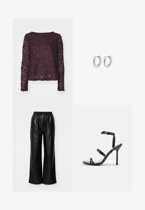 Sügavlilla pika varrukaga läbipaistev topp, millel on tekstuurne muster sädelevate aktsentidega. Sirge alläär ja lai kaelus.; Mustad nahast laiad püksid elastse vöö ja reguleeritava nööriga; sile pind ja puhast, minimalistlikku disaini.; Mustad nahast kõrge kontsaga sandaalid, millel on kolm horisontaalset rihma ja reguleeritav pahkluuri rihm. Sleek siluett ja läikiv viimistlus.; Hõbedased rõngassüstid läikiva viimistlusega, millel on ümmargune disain ja sujuvad hinged, mis näitavad sileda tekstuuri.