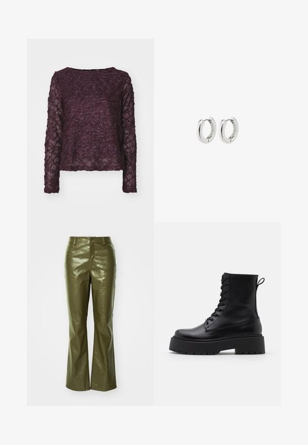 Sügavlilla pika varrukaga läbipaistev topp, millel on tekstuurne muster sädelevate aktsentidega. Sirge alläär ja lai kaelus.; Oliivrohelised kunstnahast püksid krokodillimustriga, millel on sobiv vöökoht ja laienevad sääred. Materjalil on läikiv viimistlus.; Mustad mustad nahast pahkluu saapad ümarate varvastega, nööridega esiosas ja paksu kummist talla ning tekstuuritud mustriga. Tagumine tõmbeaas.; Hõbedased rõngassüstid läikiva viimistlusega, millel on ümmargune disain ja sujuvad hinged, mis näitavad sileda tekstuuri.