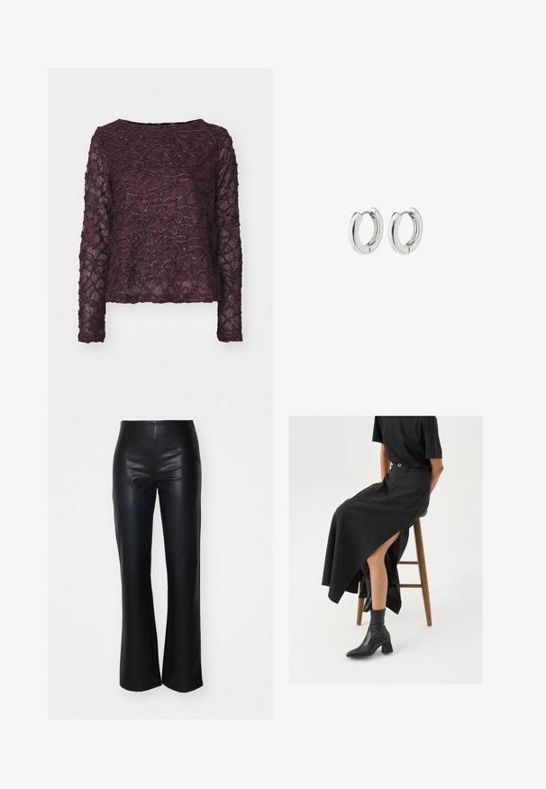 Sügavlilla pika varrukaga läbipaistev topp, millel on tekstuurne muster sädelevate aktsentidega. Sirge alläär ja lai kaelus.; Mustad faux nahast laiad püksid sileda tekstuuriga, varustatud sobiva taljega ja kergelt laienevate jalgadega, loodud stiilse silueti saavutamiseks.; Must mustriga mustri, kõrge lõhiku ja musta T-särgiga, koos mustade ankle kingadega. Minimalistlik disain, lõtv istuvus.; Hõbedased rõngassüstid läikiva viimistlusega, millel on ümmargune disain ja sujuvad hinged, mis näitavad sileda tekstuuri.