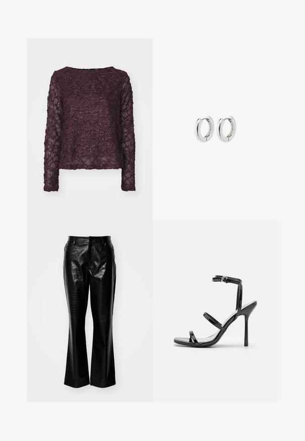 Halenka s dlouhým rukávem v tmavě fialové barvě, zdobená texturovaným vzorem s třpytivými akcenty. Rovný lem a široký výstřih.; Černé kalhoty z umělé kůže s texturou krokodýlí kůže, rozšířenými nohavicemi a standardním pasem s poutečky na opasek.; Černé lakované kožené sandály na vysokém podpatku s třemi horizontálními pásky a nastavitelným páskem kolem kotníku. Elegantní silueta a lesklý povrch.; Stříbrné kruhové náušnice s lesklým povrchem, které mají obdélníkový design a bezproblémové závěsy, vykazující hladký povrch.