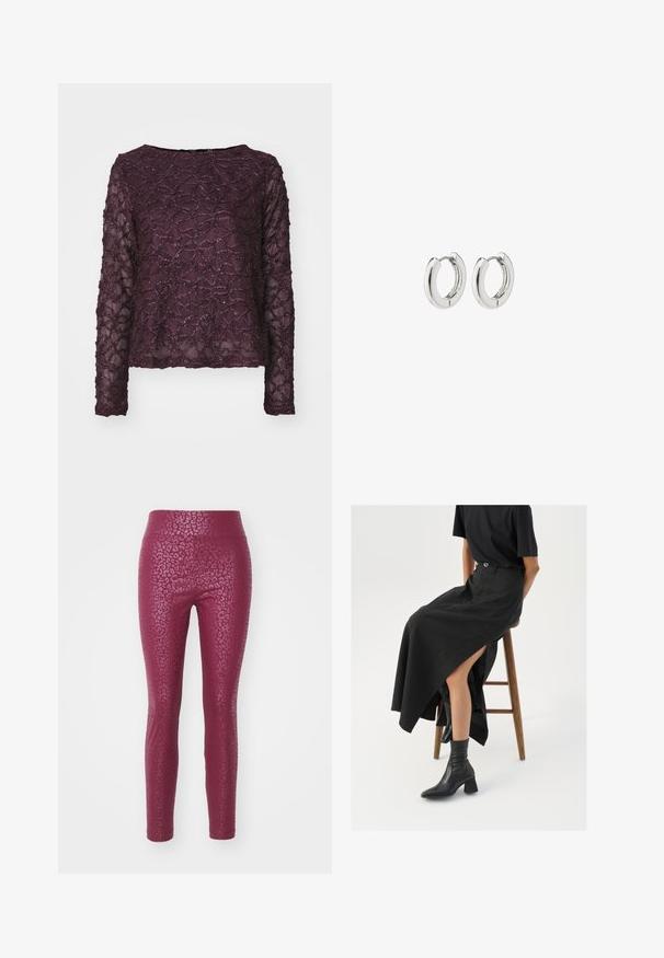 Blusa de manga larga transparente en púrpura profundo, con un patrón texturizado y acentos brillantes. Dobladillo recto y escote amplio.; Leggings ajustados de color burdeos con un patrón de estampado de leopardo texturizado, con una cintura alta y un acabado suave.; Falda maxi de lino negra con una abertura alta, combinada con una camiseta negra y botines negros. Diseño minimalista con un ajuste relajado.; Pendientes de aro de plata con un acabado pulido, que presentan un diseño circular y bisagras sin costuras, exhibiendo una textura suave.
