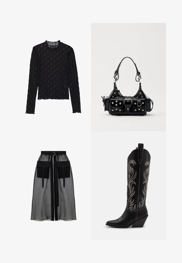 Čierny dlhý rukáv top s priehľadnou rebrovanou textúrou, s volánikovým stojacím golierom a skráteným lemom.; Čierna priesvitná sukňa s naťahovacím pásom, ktorá má dve veľké predné vrecká, opasok na viazanie a kruhový kovový akcent.; Čierne kožené kovbojské čižmy s špicatými prstami, klinovými podpätkami a striebornými vyšívanými kvetinovými vzormi po celej dĺžke. Kontrastné šitie po celom povrchu.; Čierna kožená kabelka s zakriveným dizajnom, doplnená striebornými cvočkami, prackou a dvoma bočnými vreckami. Nastaviteľný popruh poskytuje rôzne možnosti nosenia.