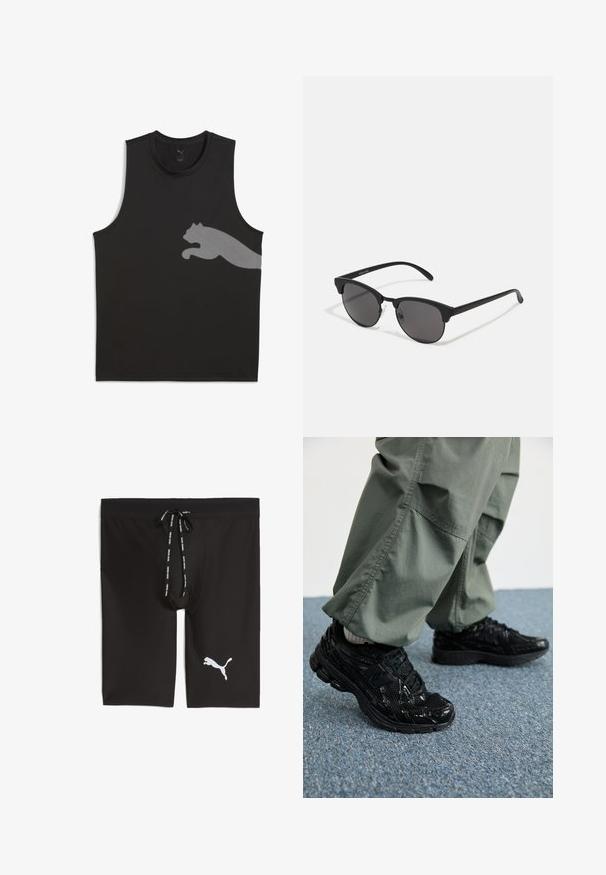 Must mustriga mustrinahkade tank top mustas, valmistatud siledast kangast, millel on vasakul küljel heledast hallist värvist peegeldav Puma logo.; Mustad mustrid spordilühikesed püksid siledast kangast, millel on võrgust vöökoht. Omab paelu ja valget Puma logo vasakul külgedel.; Mustad mustad jooksukingad läikiva ja võrgumaterjaliga tekstuuriga, paksu tallaga ja paeltega, koos lodevate oliiviroheliste cargo-pükstega.; Mustad prillid ümmarguste läätsedega, mati viimistlusega ja iseloomuliku kassisilma kujuga. Peened sangad, millel on vasakul templil diskreetne brändingu märk.