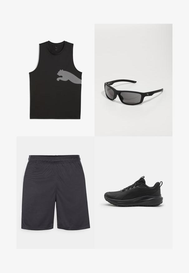 Camiseta sin mangas negra de deporte, hecha de una tela suave, que presenta un logo reflectante de Puma en gris claro en el lado izquierdo.; Pantalones cortos deportivos negros hechos de una tela suave y ligera. Cuentan con una cinturilla elástica y dobladillo cosido, sin bolsillos visibles ni patrones.; Zapatillas deportivas negras con un upper de malla texturizada, cuello acolchado, cordones y suela de goma. Presentan un diseño elegante y una construcción robusta.; Gafas de sol negras con un acabado mate, lentes rectangulares y un acento de logotipo prominente en la varilla. Lentes polarizadas, protección UV.