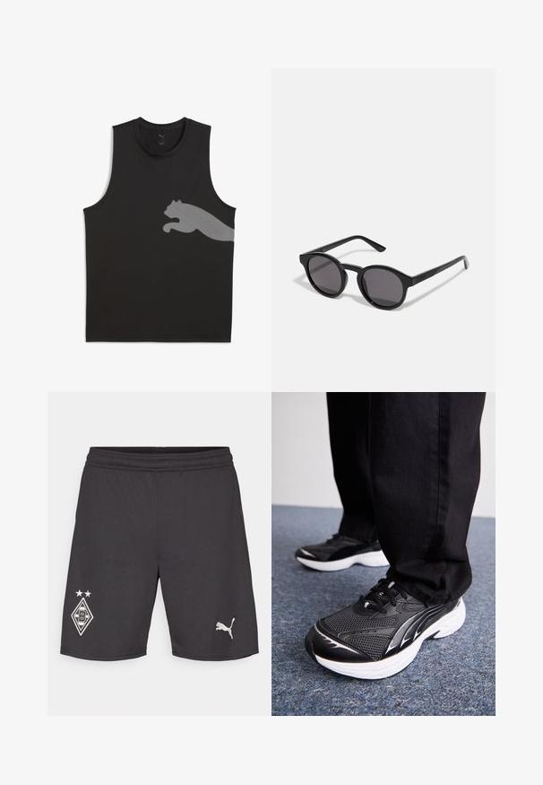 Camiseta sin mangas negra de deporte, hecha de una tela suave, que presenta un logo reflectante de Puma en gris claro en el lado izquierdo.; Pantalones cortos deportivos negros con cintura elástica. Presenta un logo del club blanco con dos estrellas y un pequeño logo de Puma blanco en el dobladillo.; Zapatillas deportivas negras con tejido de malla, suela blanca y acentos negros. La suela tiene un diseño texturizado. Usadas con pantalones negros sobre una superficie de moqueta azul.; Gafas de sol negras con un marco redondo, ligeramente ondulado, lentes oscuros y varillas rectas negras. Acabado liso y brillante sin patrones visibles.