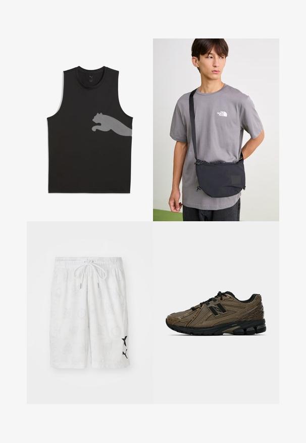 Zwarte mouwloze sporttanktop van soepel materiaal met een reflecterend Puma-logo in lichtgrijs aan de linkerzijde.; Witte zwembroek met een subtiel patroon, voorzien van een trekkoord in de taille en zwarte logo-accenten aan de zijkant. Gemaakt van lichtgewicht materiaal.; Bruin hardloopschoen met textuur gaas bovenwerk, zwarte accenten en gevoerde zool. Bevat een vetersysteem en een gestroomlijnd ontwerp.; Zwarte nylon schoudertas met verstelbare schouderriem, voorzien van een trekkoordsluiting en reliëf logo-detail. Draagt over een grijs t-shirt.