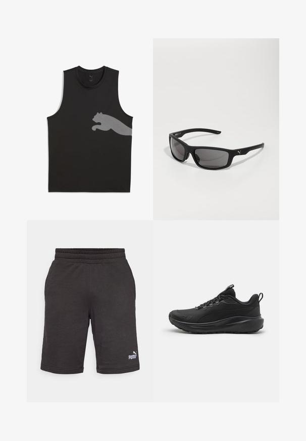 Must mustriga mustrinahkade tank top mustas, valmistatud siledast kangast, millel on vasakul küljel heledast hallist värvist peegeldav Puma logo.; Mustad mustad sportlikud lühked püksid elastse vöökohtaga, pehme tekstuuriga ja väikese valge Puma logo kaudu vasakul jalal.; Mustad mustreeritud mesh-ülemisega mustad spordijalatsid, pehme kaelus, nöörid ja kummist tald. Omab sujuvat disaini ja tugevat ehitust.; Mustad mustaga viimistlusega prille, ristkülikukujuliste läätsedega ning silmapaistva logoga orelil. Polariseeritud läätsed, UV-kaitse.